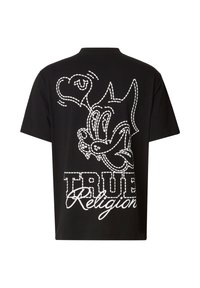 T-shirt in cotone nero con stampa grafica bianca raffigurante un personaggio, un cuore e la scritta "TRUE Religion". Maniche corte e vestibilità comoda.
