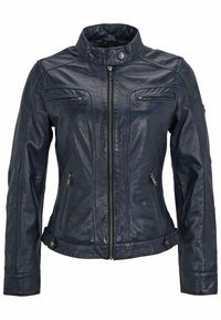 Navyblauwe leren jas met een hoge kraag, een ritssluiting aan de voorkant en vier ritszakken met opvallende stikdetails. Glad van textuur.