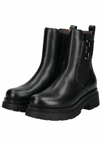 Bottines noires en cuir avec une finition texturée, fermeture éclaire latérale, panneaux élastiques et semelle en caoutchouc épaisse. Comprend un accent métallique.