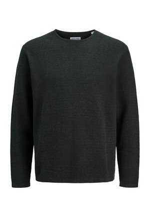 Tume roheline kudumissviiter, millel on ümar kaelus, pikad varrukad ja tekstureeritud kangas. Lihtne ja sirge lõige.