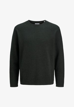 Tume roheline kudumissviiter, millel on ümar kaelus, pikad varrukad ja tekstureeritud kangas. Lihtne ja sirge lõige.