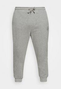 Pantalones jogger de algodón grises con cintura elástica, cordón ajustable y puños ajustados. Presenta un logo sutil en un lado.