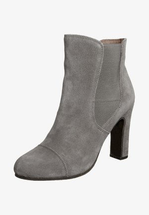 Grey suede ankle boot with block heel, elastic side panel, and rounded toe, suitable for casual or formal wear.