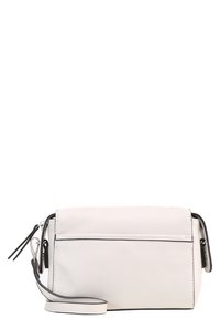 Borsa a polso rettangolare bianca con bordi neri, tasca frontale con zip e tracolla rimovibile su uno sfondo bianco.