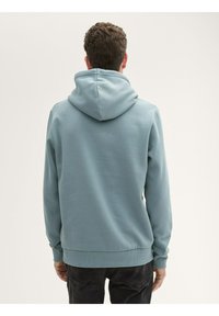 Felpa azzurra con cappuccio, con polsini e orlo a costine. Caratterizzata da una texture liscia e da una vestibilità casual, mostrata da dietro.