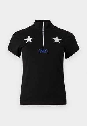 Black short-sleeve top with half-zip front, two white star graphics on chest, and a blue "OBEY" logo centered below stars.