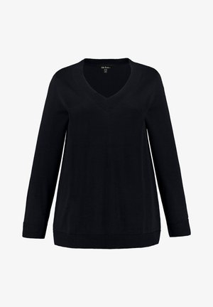 Sort striktrøje med V-hals og lange ærmer. Ribbede manchetter og kant, der har en blød tekstur og afslappet pasform.