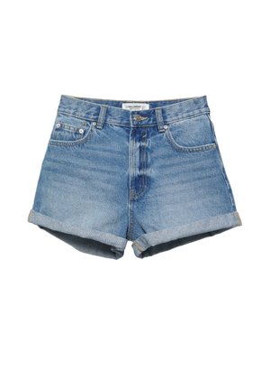Niebieskie dżinsowe szorty z wysokim stanem, z podwiniętymi nogawkami, zapinane na guziki z przodu, zamkiem błyskawicznym oraz kieszeniami z przodu i z tyłu.