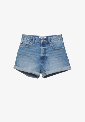 Modré džínové krátke nohavice s vysokým pásom, zrolovanými lemami, predným gombíkom, zipsom na zapínanie a vreckami vpredu aj vzadu.
