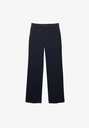 Navy blauwe wijde broek met fijne verticale strepen, knoopsluiting en ceintuurlussen.