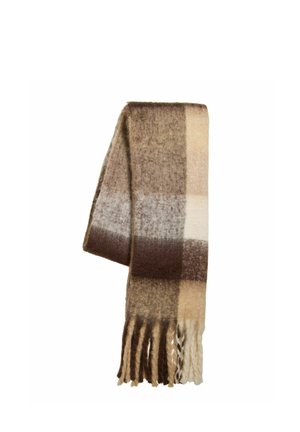 Écharpe en laine avec un grand motif à carreaux dans des nuances de marron, beige et crème, avec de longues franges à une extrémité.