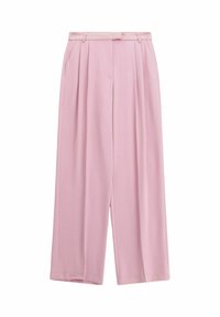 Pantaloni larghi color rosa chiaro realizzati in tessuto morbido, con pieghe frontali, passanti per cintura e due tasche laterali. Design su misura e fluido.