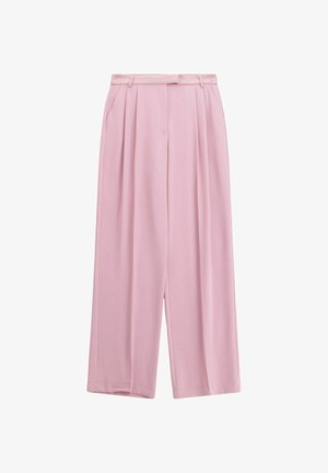 Pantaloni larghi color rosa chiaro realizzati in tessuto morbido, con pieghe frontali, passanti per cintura e due tasche laterali. Design su misura e fluido.