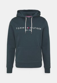 Sudadera verde oscura de mezcla de algodón. Presenta un bolsillo frontal, capucha con cordón y texto de logo blanco con acentos en rojo y azul.