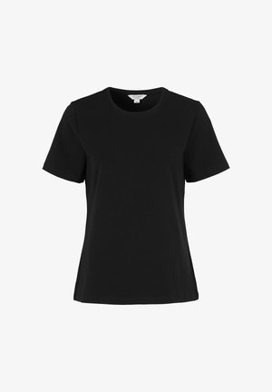 Schwarzes T-Shirt mit kurzen Ärmeln und Rundhalsausschnitt, geradem Saum, aus glattem Stoff, vor einem einfachen weißen Hintergrund präsentiert.