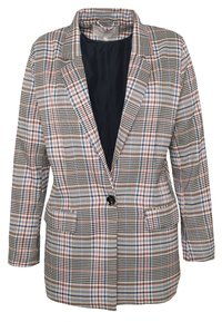 Marynarka na jeden guzik w niebiesko-czerwono-czarną kratkę z czarną podszewką, z dwoma przednimi kieszeniami z klapami i wykładanym kołnierzem.