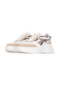 Beige and white sneakers with a textured suede and leather upper, featuring a leopard print accent and thick white sole.