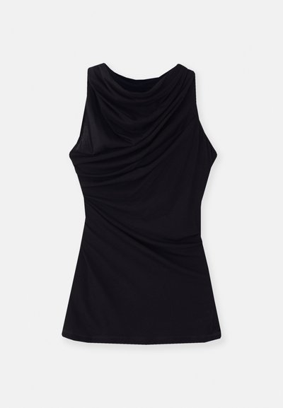 Black sleeveless top featuring a draped neckline and soft, stretchy fabric with a fluid fit. Simple design with no additional patterns or accents.