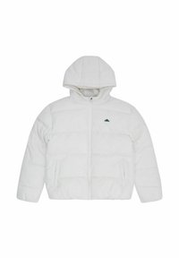 Biała puchowa kurtka z kapturem, z zamkiem z przodu, dwoma bocznymi kieszeniami oraz małym logo na piersi. Miękka faktura i pikowany wzór.