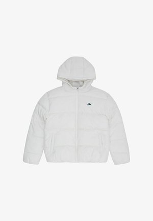 Chaqueta acolchada blanca con capucha, con cierre de cremallera en el frente, dos bolsillos laterales y un pequeño logo en el pecho. Textura suave y diseño acolchado.