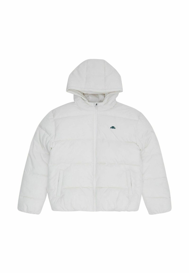 Biała puchowa kurtka z kapturem, z zamkiem z przodu, dwoma bocznymi kieszeniami oraz małym logo na piersi. Miękka faktura i pikowany wzór.