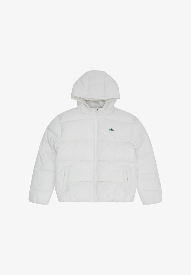 Biała puchowa kurtka z kapturem, z zamkiem z przodu, dwoma bocznymi kieszeniami oraz małym logo na piersi. Miękka faktura i pikowany wzór.