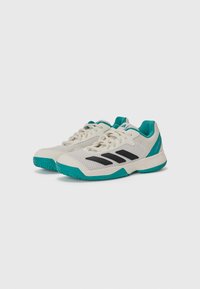White athletic shoes with a mesh upper, black lateral stripes, and teal accents on the sole and tongue. Rubber sole with textured grip.