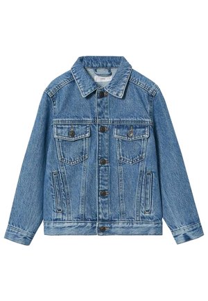 Niebieska kurtka dżinsowa z przodem na guziki, dwie kieszenie na piersi z klapkami i guzikami oraz dwie boczne kieszenie, klasyczny kołnierz i długie rękawy.