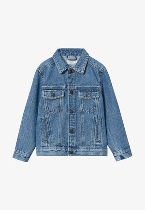 Blue denim jacket with button front, two chest flap pockets with buttons, and two side pockets, featuring classic collar and long sleeves.