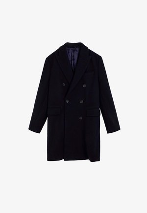 Dubbelgeknoopte zwarte jas met een piekl revers, twee zakken aan de voorkant en een gladde voering. Gemaakt van wol met een gestructureerde stof.