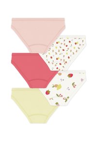 Τέσσερα ζευγάρια γυναικεία εσώρουχα: ανοιχτό ροζ, κοραλί, παστέλ κίτρινο και ένα με λευκό ύφασμα με μοτίβα φρούτων. Μαλακό, ελαστικό υλικό.