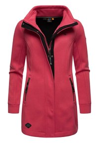Pink outdoor jacket with a high collar, zip front, and black accents. Features two zippered side pockets and ribbed cuffs.
