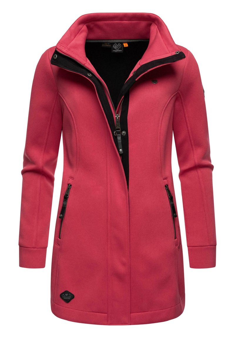 Pink outdoor jacket with a high collar, zip front, and black accents. Features two zippered side pockets and ribbed cuffs.