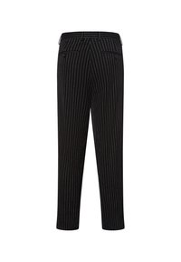 Zwarte pinstripe broek met een op maat gemaakte pasvorm, voorzien van een zachte textuur, twee achterzakken en een recht model.