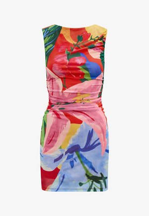 Ärmelloses Bodycon-Kleid mit gerafften Seiten, versehen mit einem lebendigen Blumenmuster in Rot, Pink, Blau, Grün und Gelb auf einer figurbetonten Silhouette.