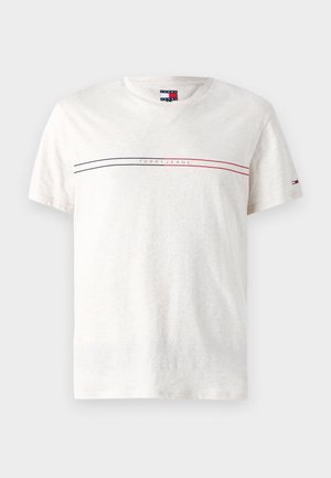 T-paita lyhyillä hihoilla, pyöreällä kaula-aukolla vaaleasta beigeistä kankaasta. Sisältää mustan ja punaisen vaakasuoran raidallisen kuosin sekä "TOMMY JEANS" -tekstin.