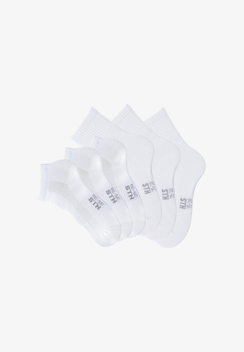 Five pairs of white cotton ankle socks. Features ribbed cuffs and reinforced heel and toe areas. Plain design with subtle branding.