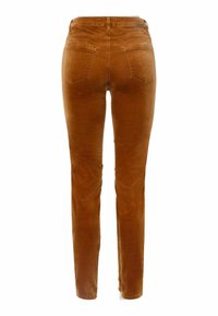 Pantalon slim en velours côtelé marron vu de dos, avec deux poches arrière et une taille avec passants pour ceinture.