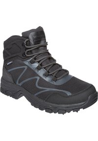 Black waterproof hiking boot featuring synthetic upper, textured detailing, padded collar, and lacing system for secure fit. Durable rubber outsole.