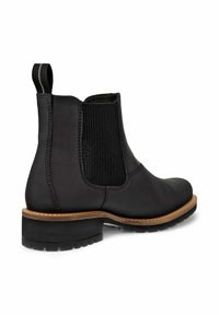 Botines de cuero negro con paneles laterales elásticos, tejido texturizado, un tacón grueso y una suela de goma con un patrón de tracción.