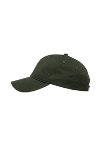 Grüne Baumwoll-Baseballmütze mit gebogenem Schirm, sechs Belüftungsösen und verstellbarem Riemen auf der Rückseite. Sauberes Design ohne Muster.
