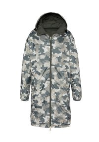 Giacca parka camouflage in tonalità di grigio e verde, con zip frontale, cappuccio e polsini elasticizzati. Realizzata in materiale leggero e resistente all'acqua.