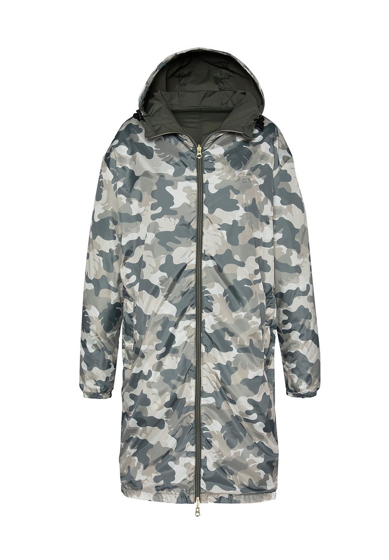Veste parka camouflage dans des nuances de gris et de vert, avec une fermeture éclair sur le devant, une capuche et des poignets élastiques. Fabriquée à partir d'un matériau léger et résistant à l'eau.
