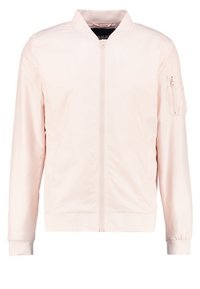 Veste bomber rose clair avec fermeture éclair devant, col, poignets et bas en bord-côtes, et poche zippée sur la manche gauche.