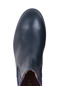 Mørkeblå lædersko, rund tå, glat tekstur, med et subtilt skær, elastiske sidepaneler og en polstret indersålsforing.