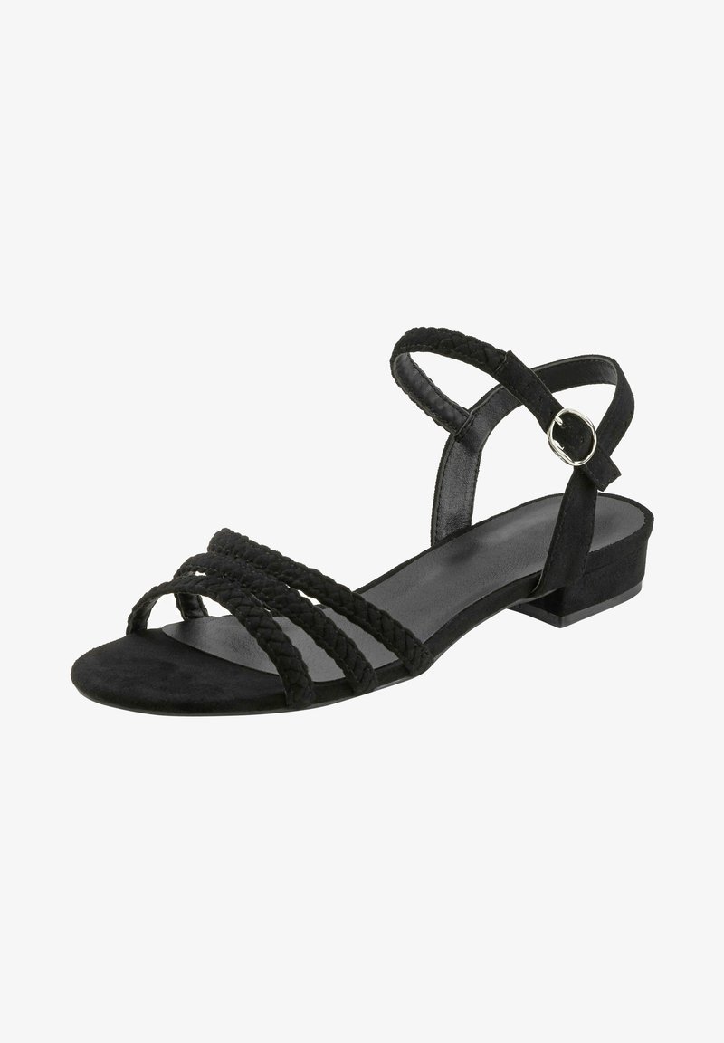 Must musta sandaalid punutud rihmadega, avatud ninaga ja madala blokktõukega. Reguleeritav pahkluu rihm hõbedase tooni pandla detailiga.