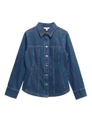 Giacca in denim blu con maniche lunghe, chiusura frontale con bottoni, cuciture strutturate e colletto appuntito.