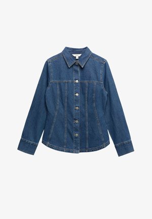 Veste en denim bleu à manches longues, fermeture boutonnée sur le devant, coutures structurées et col pointu.