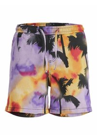 Shorts de bain avec un motif de palmiers colorés à nuances de violet, orange et jaune, confectionnés dans un tissu léger et respirant.