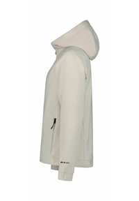 Hellgraue Softshell-Jacke mit tailliertem Kapuzen, Frontreißverschluss und Seitentaschen. Verfügt über elastische Bündchen und eine glatte Textur.